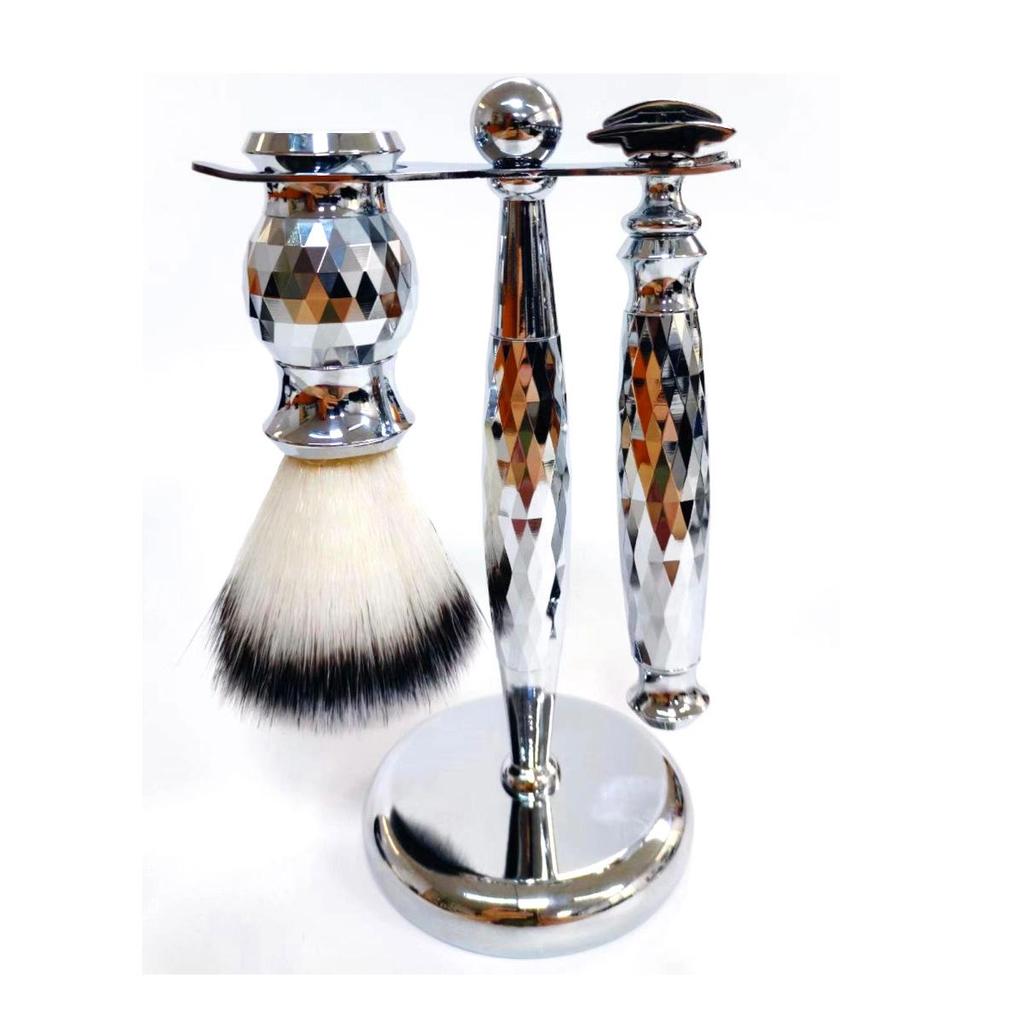 Men's Shaving Set: Diamond Pattern Three-Blade Razor, Beard & Shaving Brush, Razor Holder