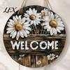 Hanging Sign with Hemp Rope Wooden Daisy Welcome for Front Door, Rustic Farmhouse Wall Decor Handmade House Rope, Wood Plaque Home Entrance