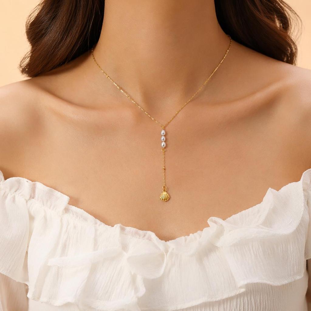 Elegant Y-Shaped Ocean Element Titanium Necklace, 18K Gold Plated, Fashionable Vacation Style for Women