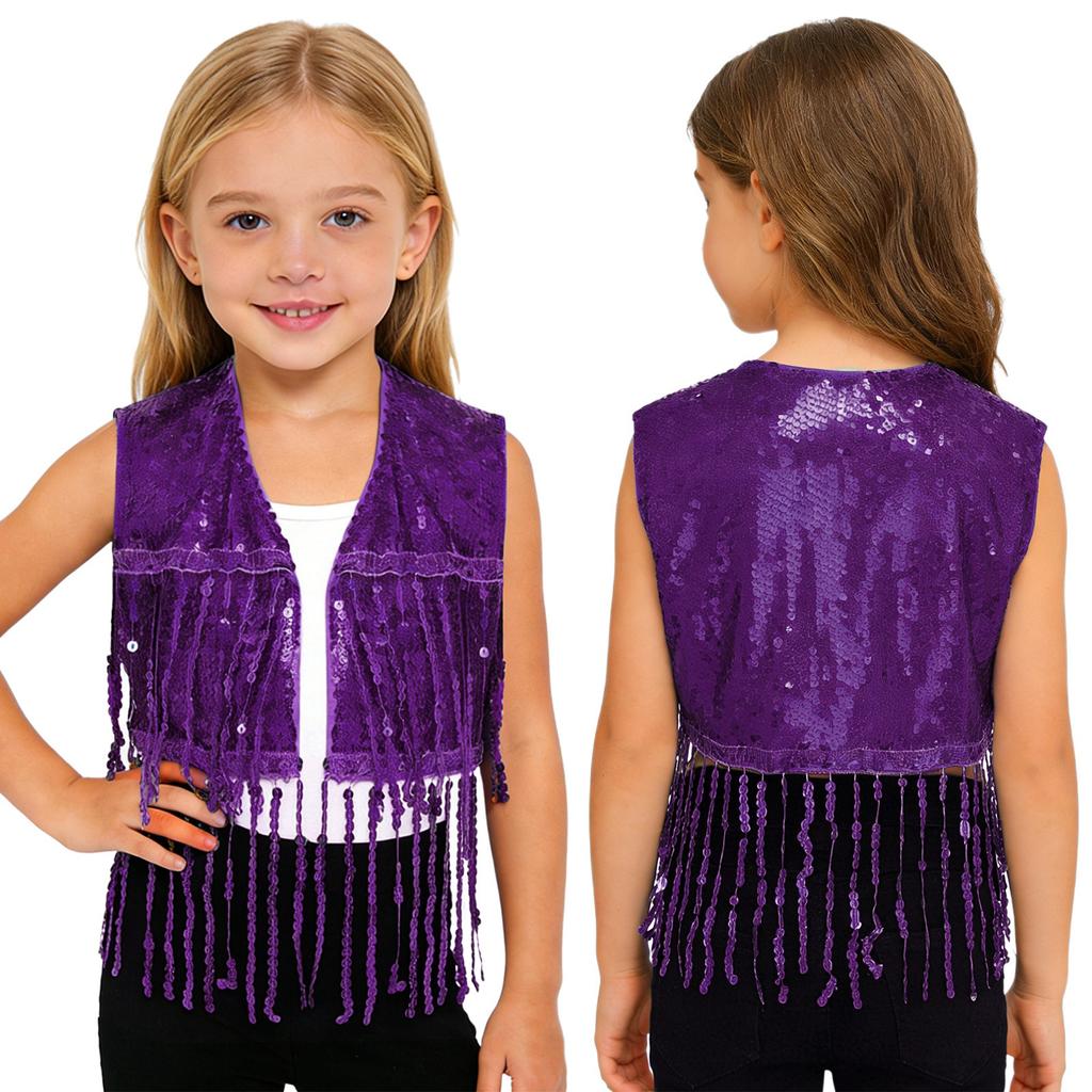 Sparkly Sequin Fringe Vest for Girls: Sleeveless Open Front Crop Top Waistcoat with Tassels, Perfect for Dance Recital & Show