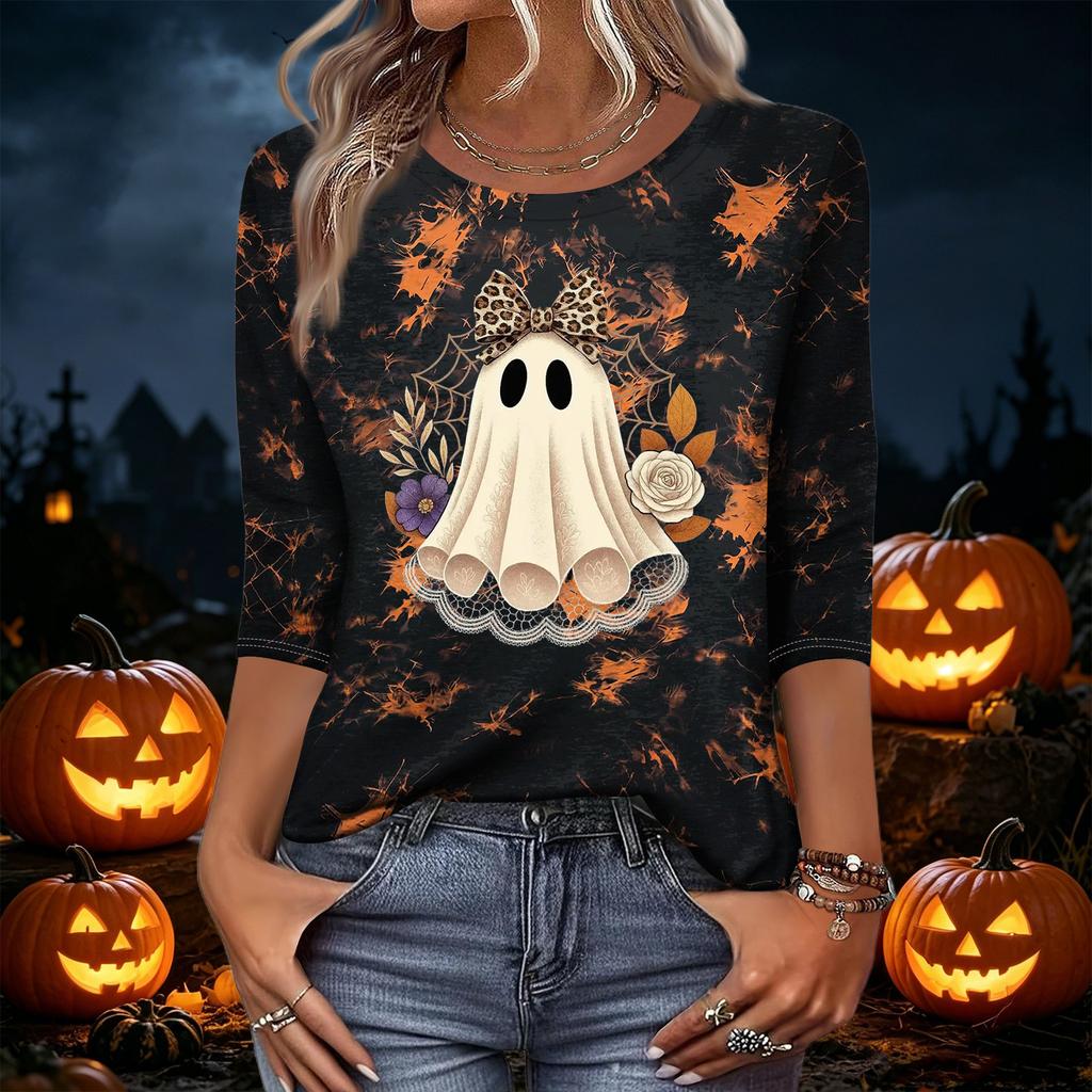 Women's Casual 3/4 Sleeve Halloween Print Neck Top
