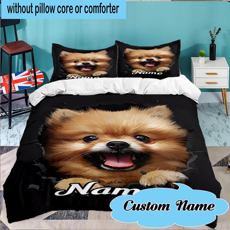 Custom Name 3PCS Pomeranian Through Hole. Bedding Set Including 1pc Duvet Cover And 2pcs Pillowcases for Bedroom, Dormitory Gift Home Decor