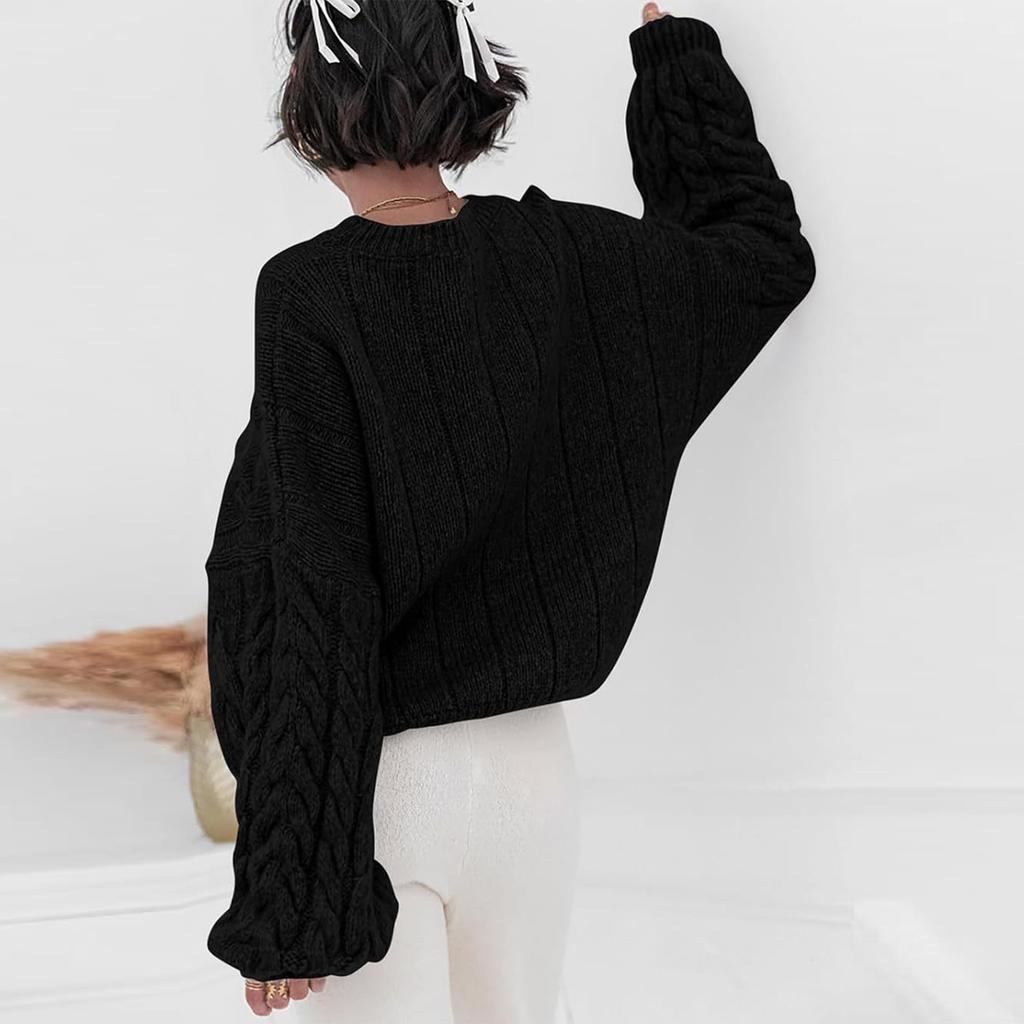 Women's Color Thick Needle Big Dough Twists Loose Pullover Round Neck Long Sleeve Sweater