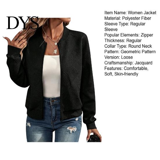 Comfortable Women Workwear Fall Winter Zip-Up Jacket, Solid Color Long Sleeve Casual Jacket Outwear, Round Neck Autumn Coat with Ribbed Collar