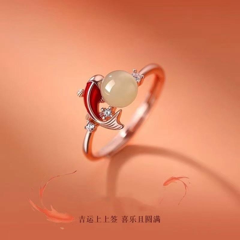 Jade See Koi Ring Women's Light Luxury Niche Premium Sense New Chinese Vegetarian Ring Index Finger Ring Franc Process Plating