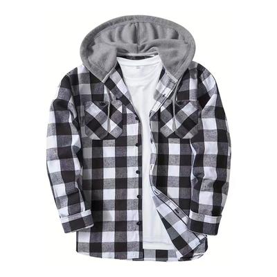 Men's Spring and Autumn Casual Plaid Hooded Shirt