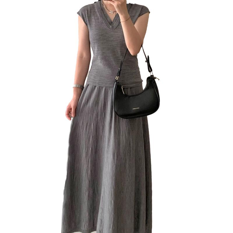 Le Kasha Temperament 100% Pure Wool Machine-Washable Women's Summer Slimming Waist Umbrella Skirt Long Dress