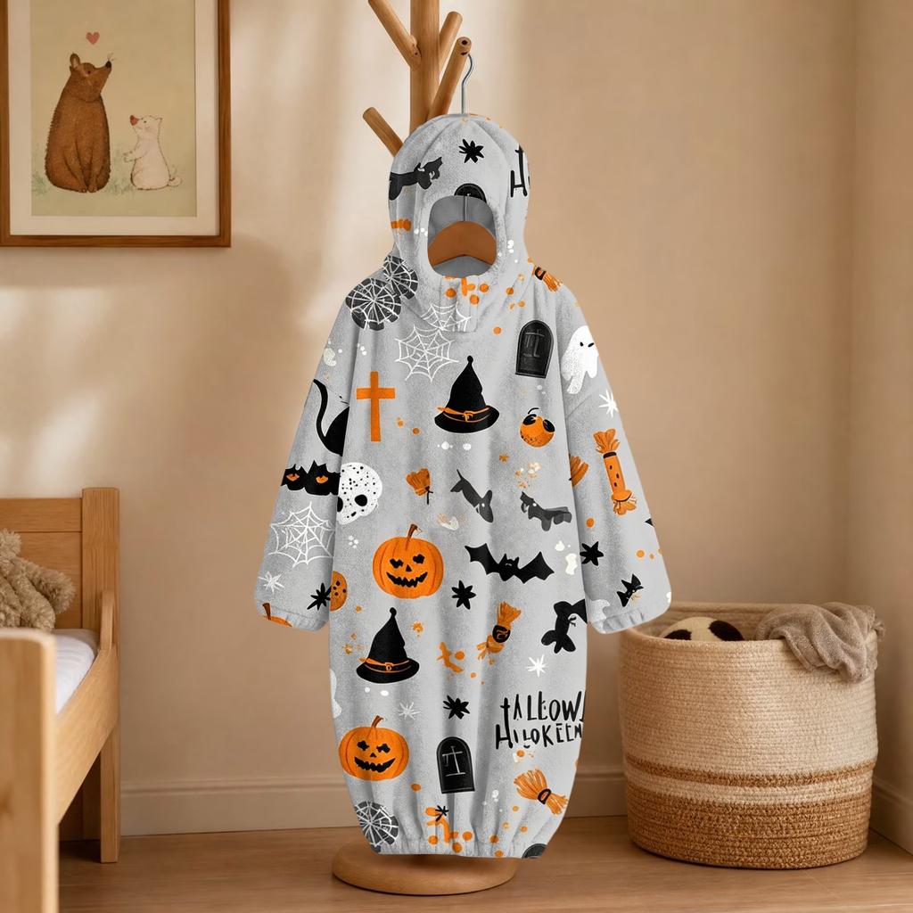 Kids Halloween Printed Flannel Romper Pajama Set for Fun Holiday Sleepwear