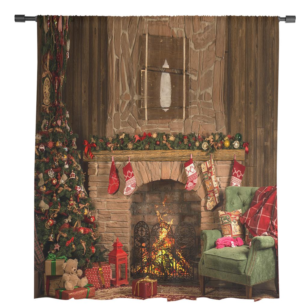 Christmas Fireplace Christmas Gift Tulle Window Curtains Living Room Organza Sheer Voile Curtain Bedroom Kitchen Home Decor