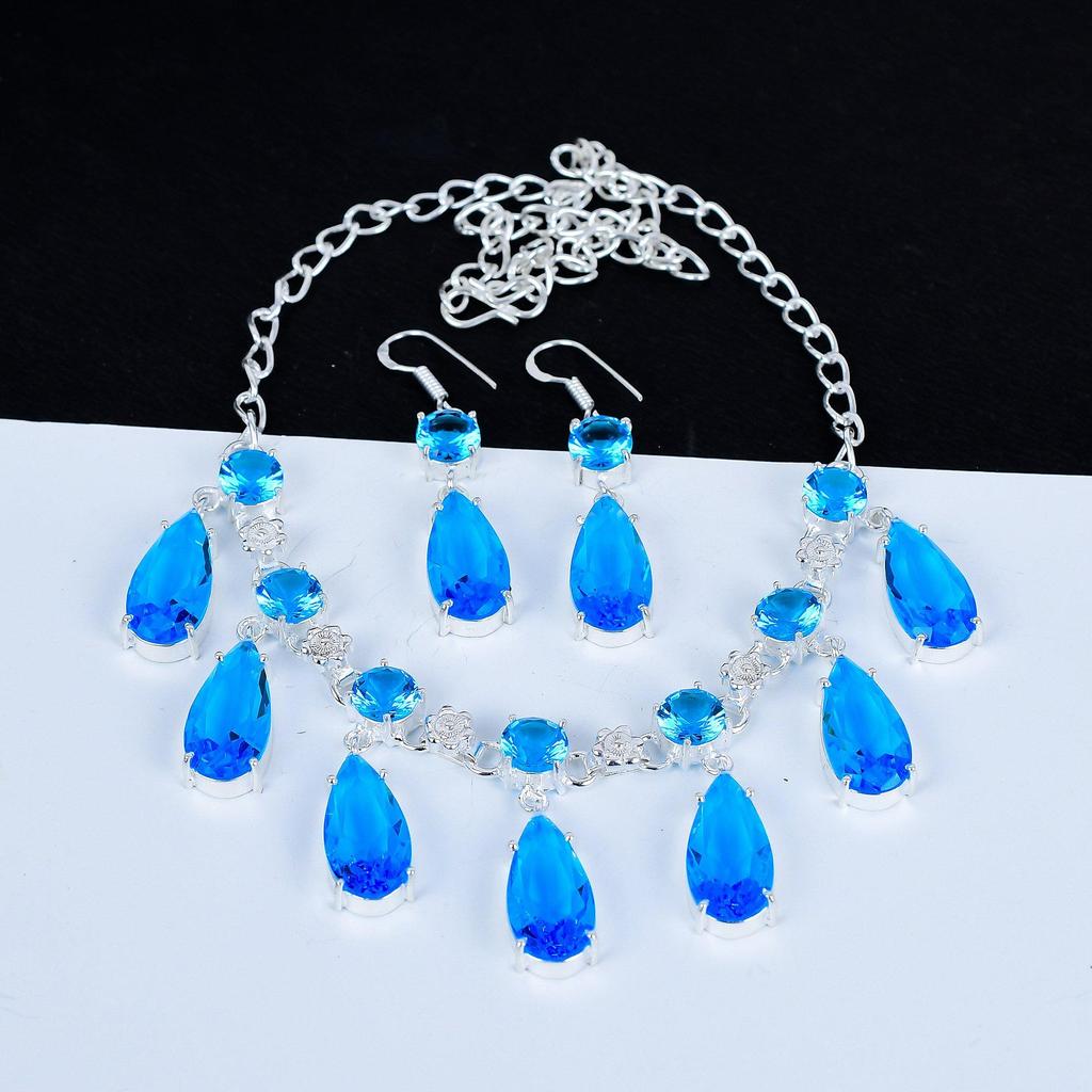 Blue Topaz Necklace Set, Blue Topaz Gemstone Handmade 925 Sterling Silver Blue Topaz Earring Necklace Set For Women Necklace For Gifts Valentine Gifts