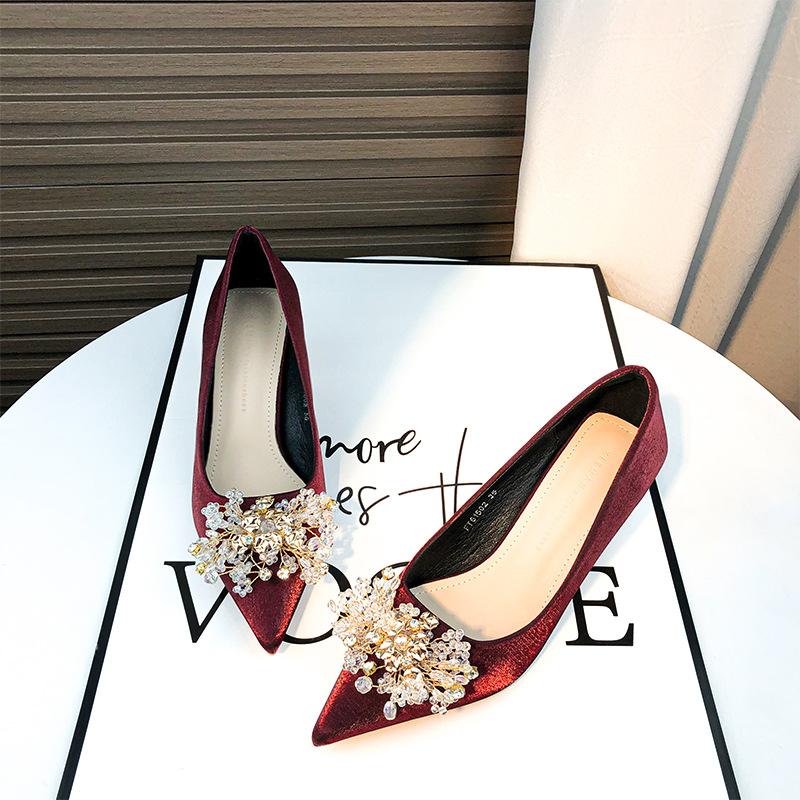-A Red Wedding Shoes Bridal Shoes Hexiu Wedding Dress Two Wear New Autumn and Summer Crystal Satin