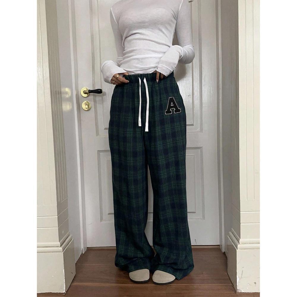 

Women s Retro Color Block Plaid Loose Pants with Drawstring Waist - Multiple Colors Available M