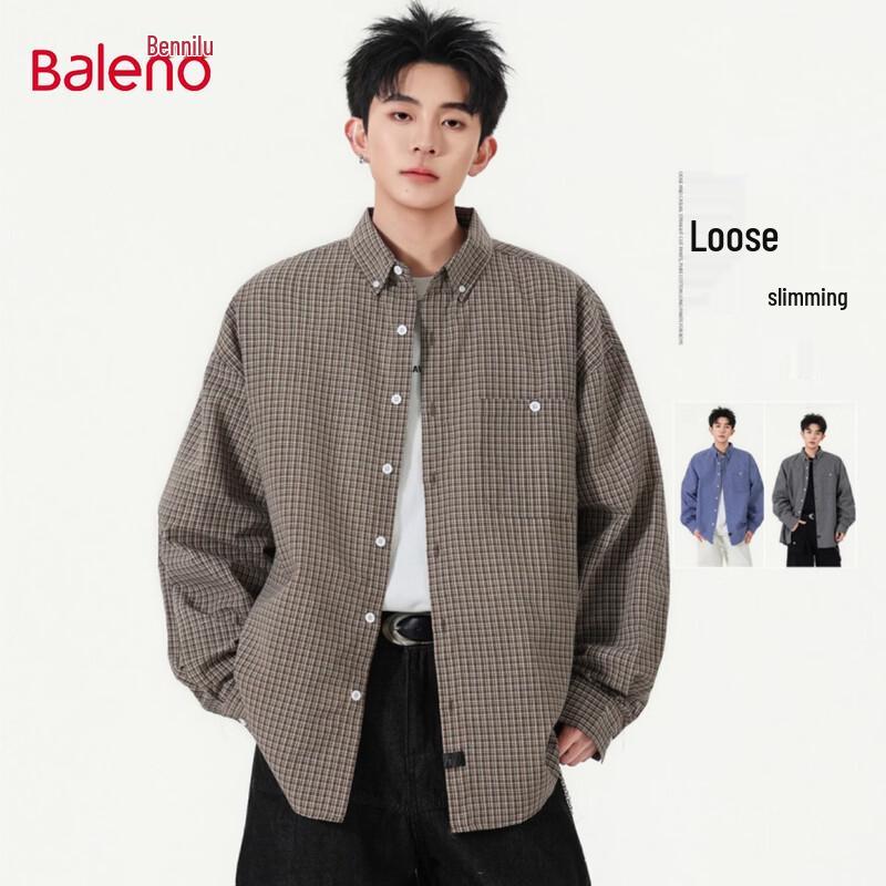 Baleno Men s Houndstooth Casual Loose Long Sleeve Shirt 4XL