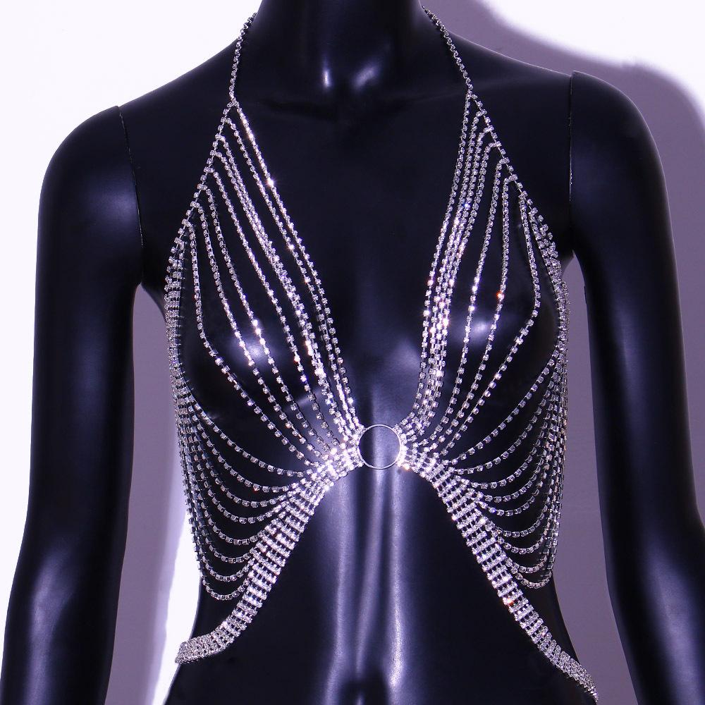 New Design Flower Shape Rhinestone Lingerie Body Chain Sexy Ladies Underwear Bikini Chest Chain Body Jewelry