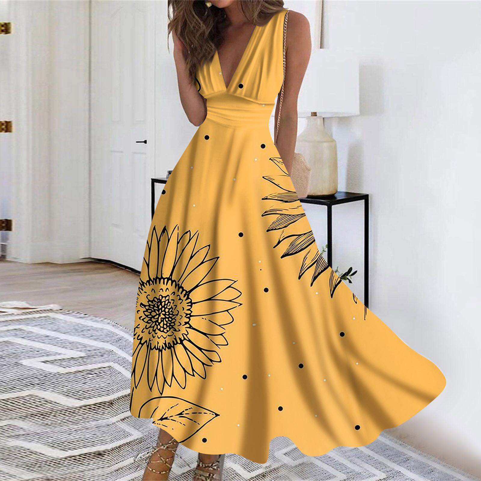 

Women s Long Dress Maxi Dress Casual Dress Summer Casual Sleeveless V Neck Boho Waist Retraction Printed Dress M помаранчевий