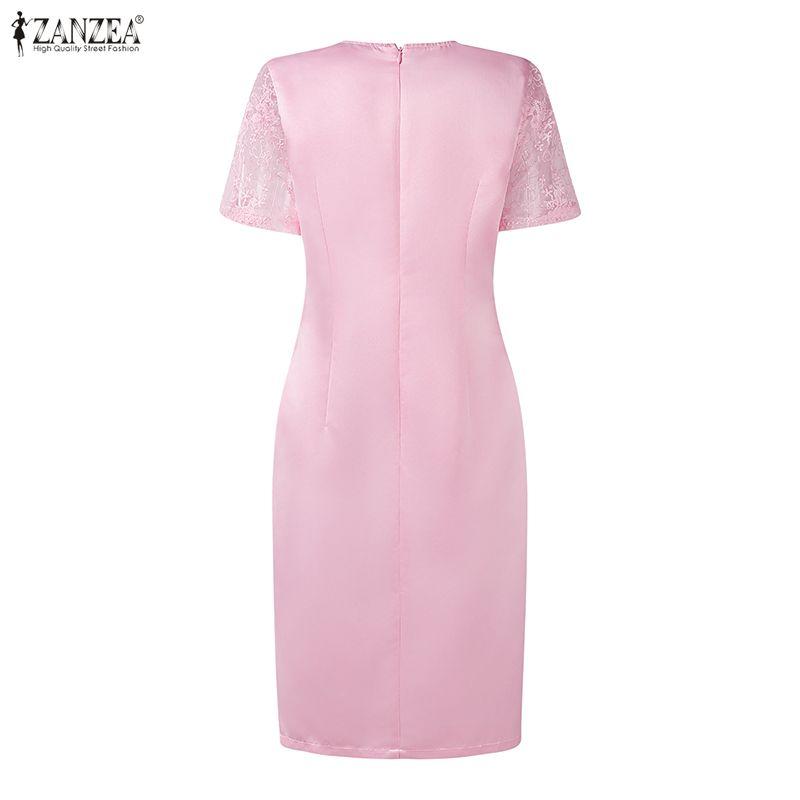 ZANZEA Women Lace Patchwork Round Neck Casual Short Sleeve Sheath Dress