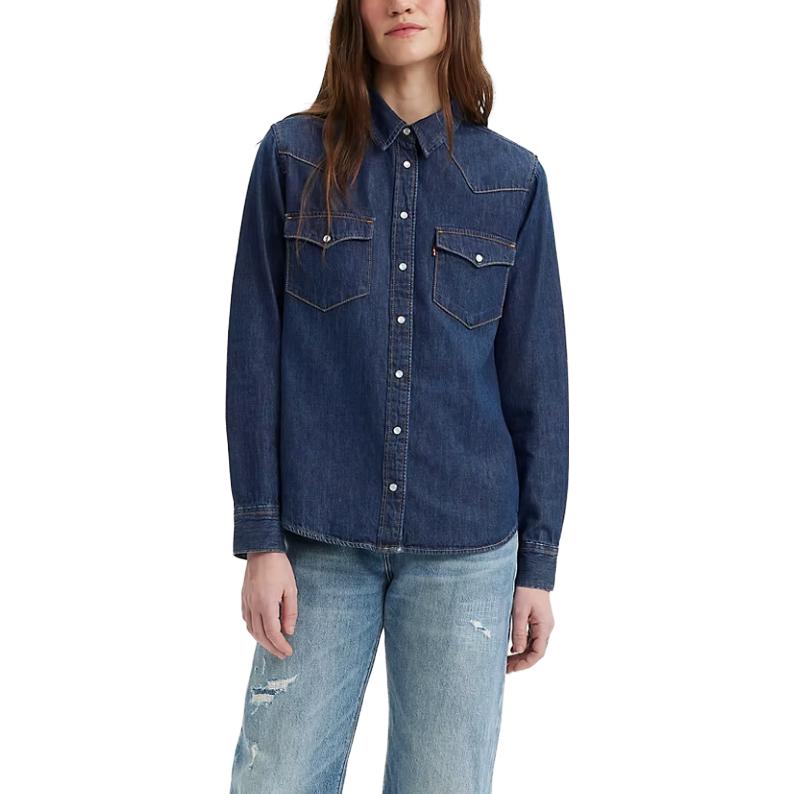 Levis Solid Color Single-Breasted Point Collar Long Sleeve Shirt Women Shirts Dark-Blue 86832-0017