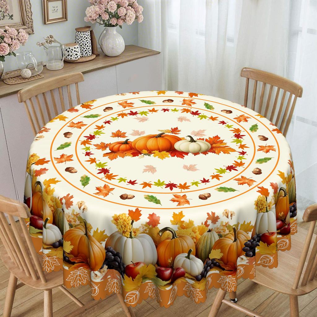 Waterproof And Oil-Proof Dining Table Cloth, Autumn Harvest-Themed Pumpkin, Grape, Maple Leaf Printed Round Rectangular Tablecloth