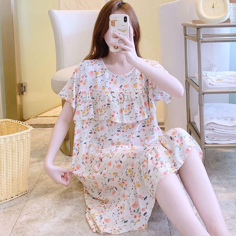 Sleeping Dress for Women In Summer Thin Cotton Silk Short Sleeved Without Chest Pad Home Clothing Knee Length for Outdoor Wear Dress