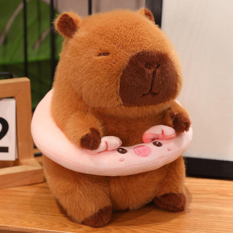 Kawaii Capybara With Hamburger Swimming Ring Plush Stuffed Toy Simulation Animal Doll Pillow Children's Toy Birthday Gift
