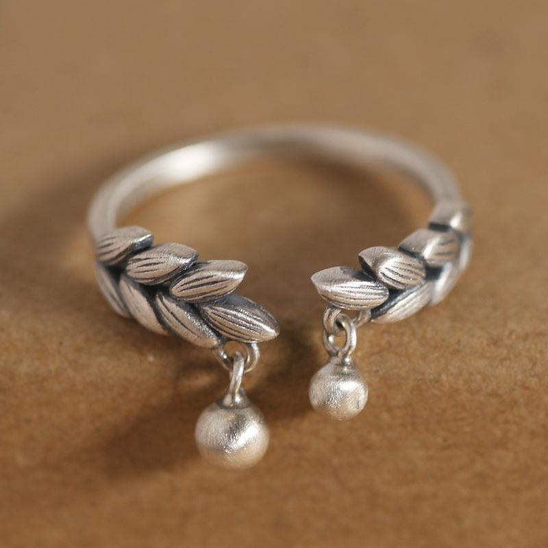 Öffnungsbarer Weizenähren-Quastenring im Vintage-Stil für Damen - Modisches Imitat Thai-Silber Adjustable Openable brown