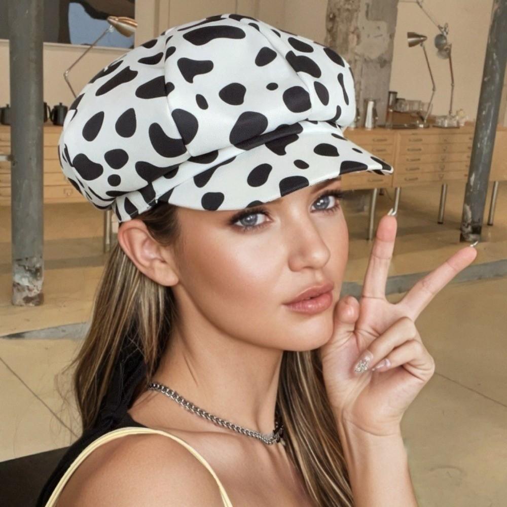 Y2K Leopard Print Octagonal Hat Polyester Peaked Cap Cute Women Beret  Ladies