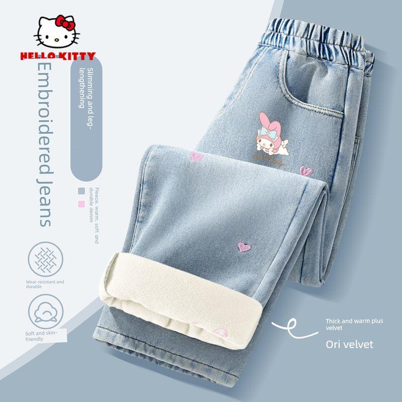 Hellokitty Girls' Fleece-Lined Jeans, Autumn and Winter Integrated Fleece Embroidered Straight-Leg Pants, Stylish Children's Thickened Pants