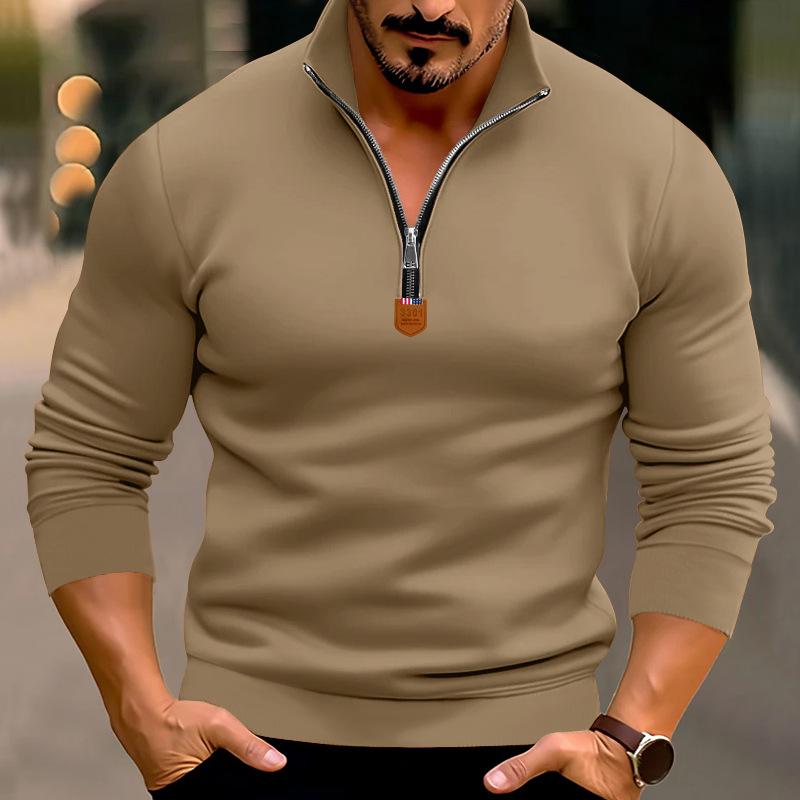 Autumn/Winter Men's Casual Fleece-Lined Solid-Colour Long-Sleeved Half-Zip Stand-Collar Sweatshirt Top