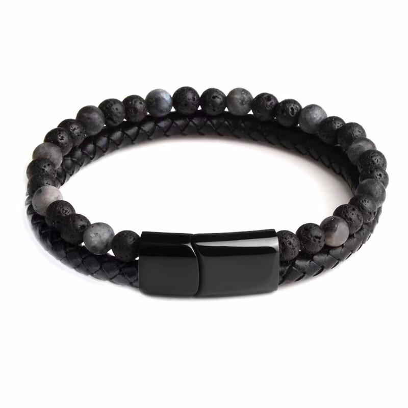 Men Double 21cm Layered Volcanic Stone Beaded Bracelet Alloy Clasp Leather Faux