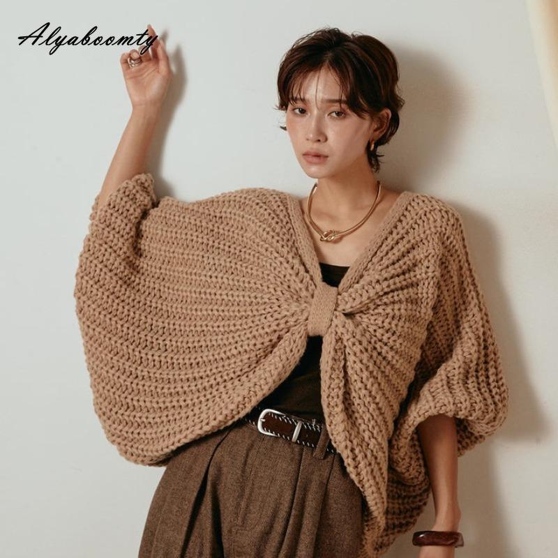 Korean Fashion Batwing Knit Cape Top Oversized Knitted Stylish Sweater Autumn Winter Cozy Loose Black Brown Ladies' Cool Knitting Pullover