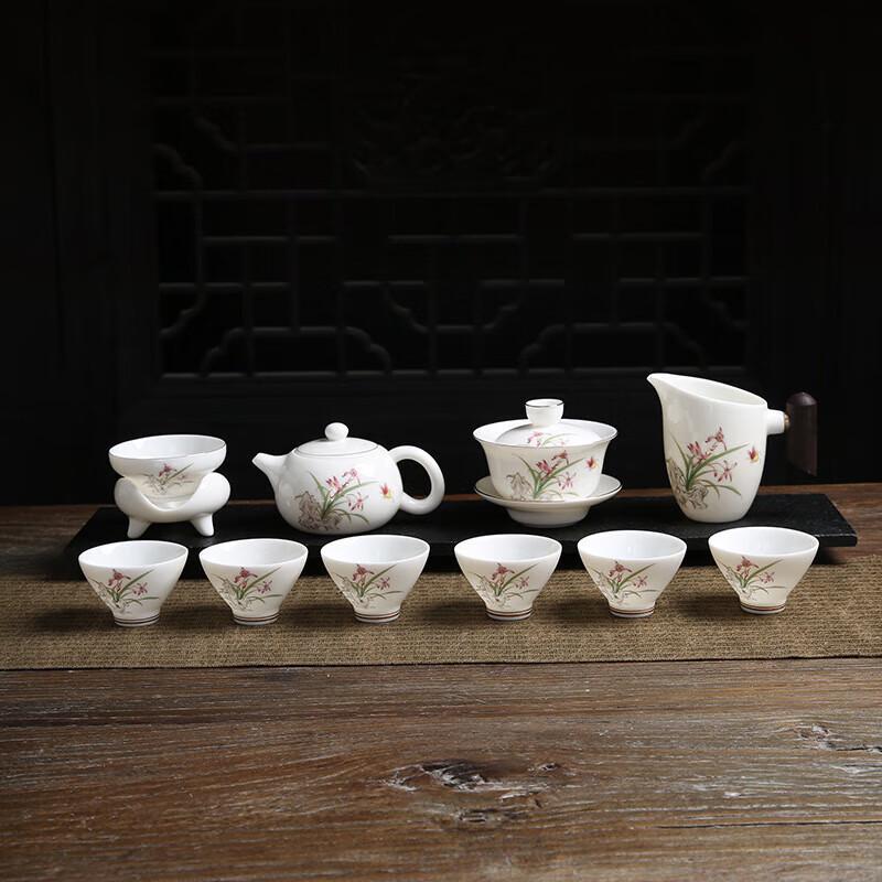 Elegant Orchid Mutton-fat Jade Porcelain Kung Fu Tea Set