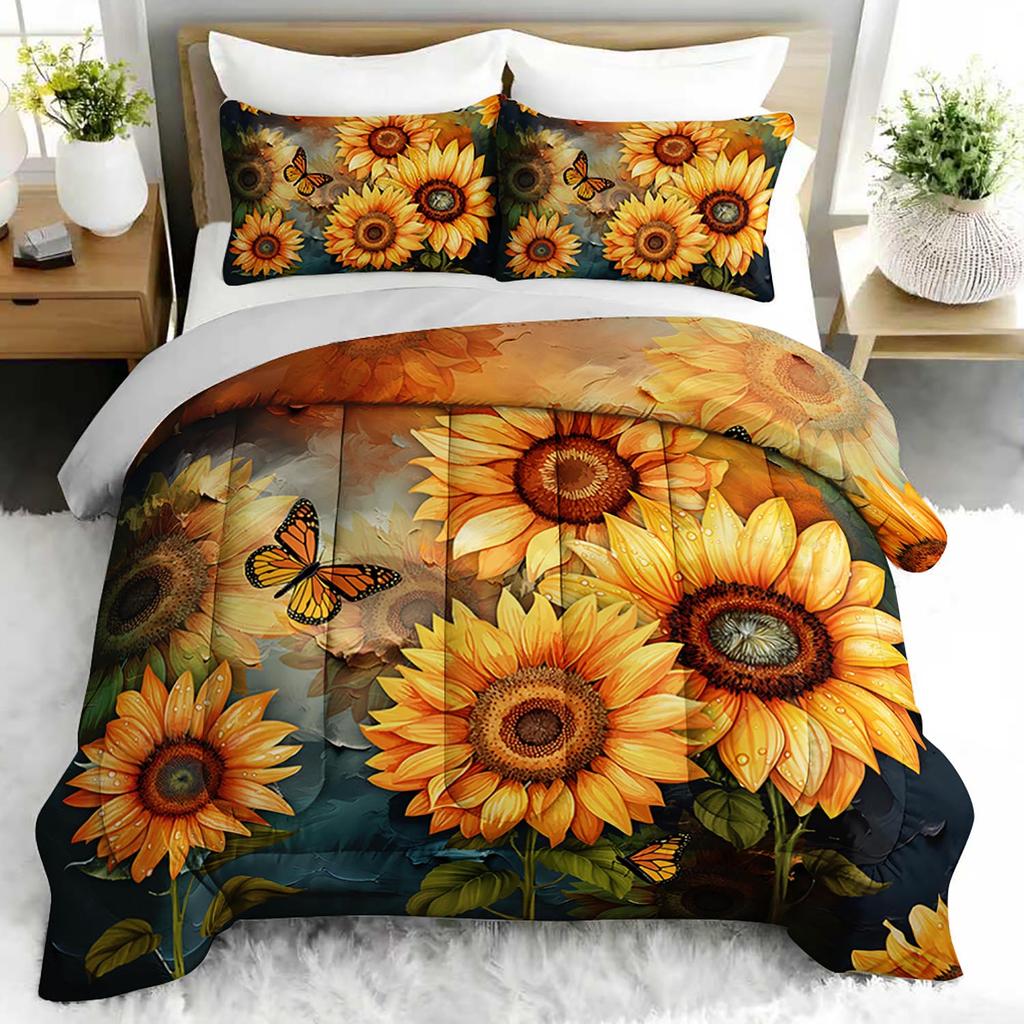 3PC Sunflower & Butterfly Comforter Set Floral Botanical Bedding Duvet Cover with 2 Pillowcases for Bedroom