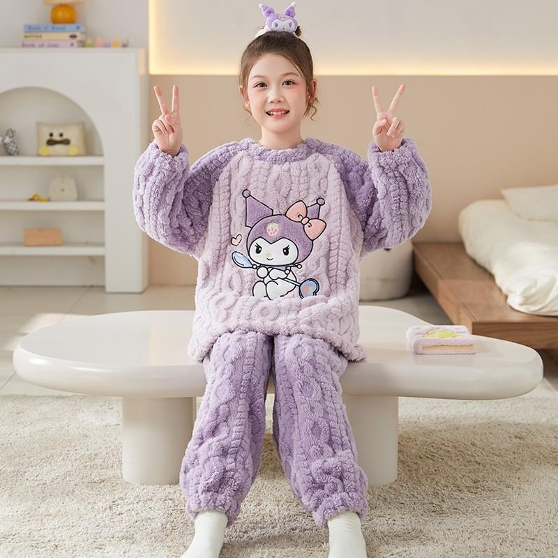 Girls Winter Coral Fleece Pajama Set Cartoon Animal Print Thick Warm Sleepwear Ages 8