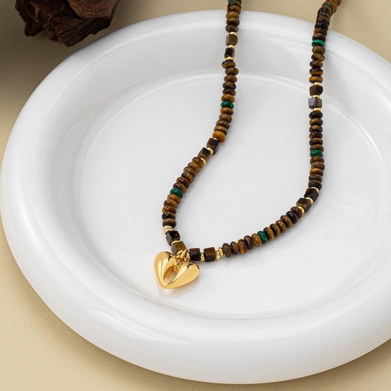 Handmade Heart Pendant Necklace With Tigers Eye Beads Minimalist Geometric Chain Women Men Lightweight Luxury Choker Necklace