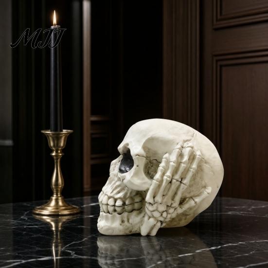 Halloween Skull Decor Figurine, Hear See Speak No Evil Skeleton Head Funny Sculpture Statue, Gothic Resin Home for Desk, Bookshelf, Mantel,