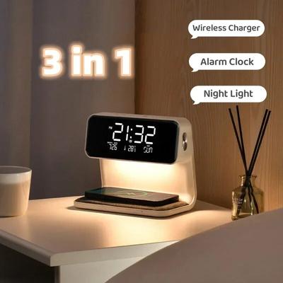 Kreative 3-in-1-Nachttischlampe, kabelloses Aufladen, LCD-Bildschirm, Wecker, kabelloses Telefonladegerät für die iPhone-Dekoration