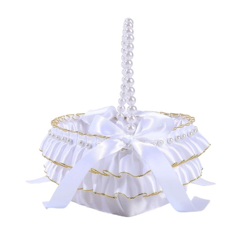 Decorative Pearls Embellished Storage Basket With Golden Edges for Wedding Reception Party Decorations