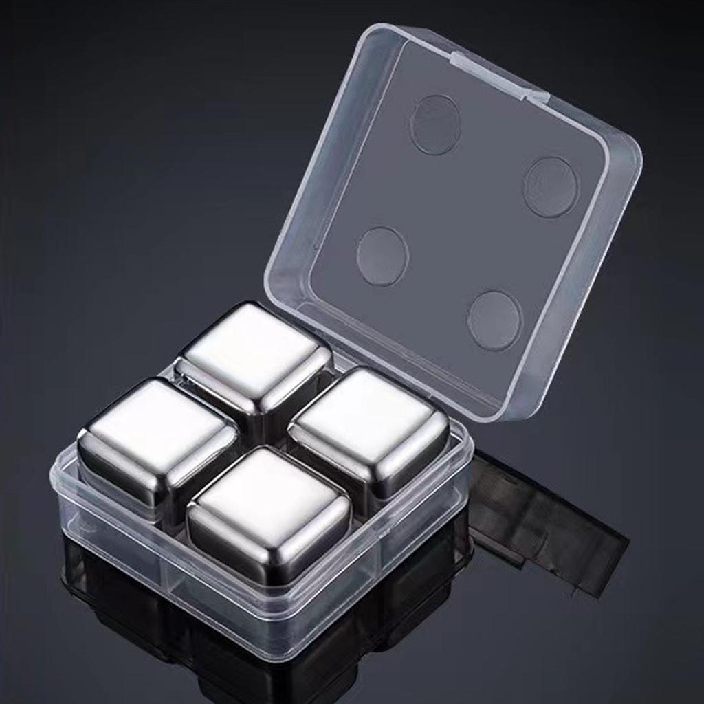 4 Stück Edelstahl Eiswürfel Wiederverwendbare Whiskeysteine Set Kühlsteine für Bier Whiskey Wein