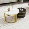 Tavolino da caffè rotondo in MDF 2 in 1, Tavolino laterale con piano lucido e 1 piano in marmo bianco, Combinazione di tavoli per soggiorno con 2 cassetti, 70*70*46 + 50*50*40 cm