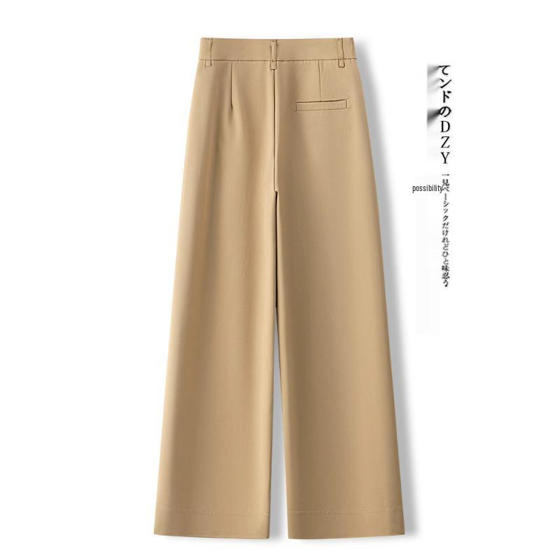 Khaki Women's Wide-Leg Pants – Spring/Autumn 2025: Draped, Nine-Point, Casual Straight-Leg Fit.