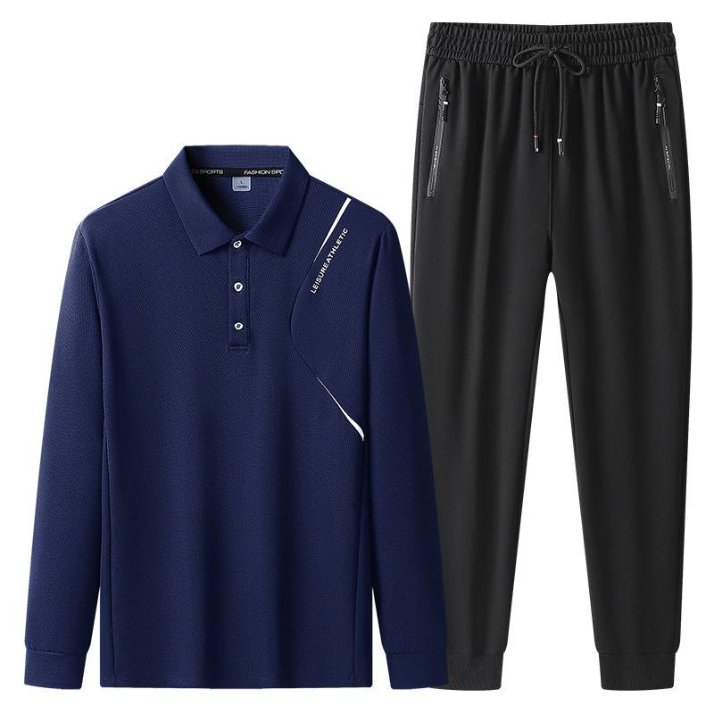 Men's Plus Size Long Sleeve Polo Shirt & Pants Set - Autumn/Winter Warmth for Middle-Aged
