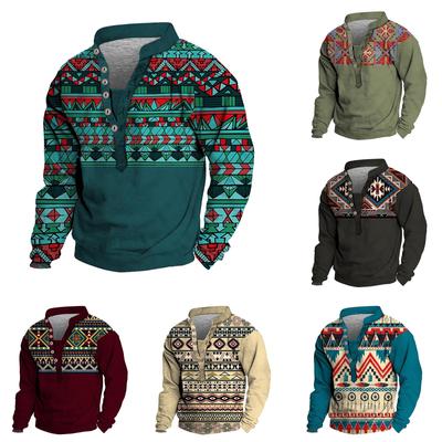 V-neck Sweater Men's 3d Digital Printing Stand Collar 6 Button Vintage Collar