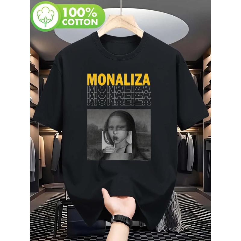 

Mens Mona Lisa Anime Pattern Tshirt Black with Yellow Print Lightweight and Breathable Round Neck Short Sleeve Casual Shirt 4XL