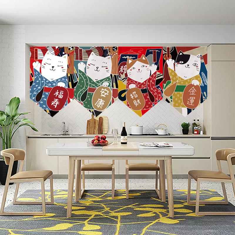 Japanese Style Lucky Cat Pattern Short Curtain Kitchen Door Partition Triangle Flag Restaurant Hanging Half Curtain Pennant