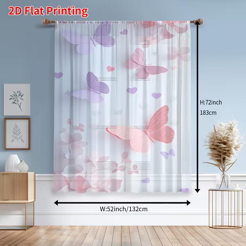 2PCS Pink & Purple Butterfly & Heart Sheer Curtains - Dreamy Fairy Window Drapes for Girls' Bedroom