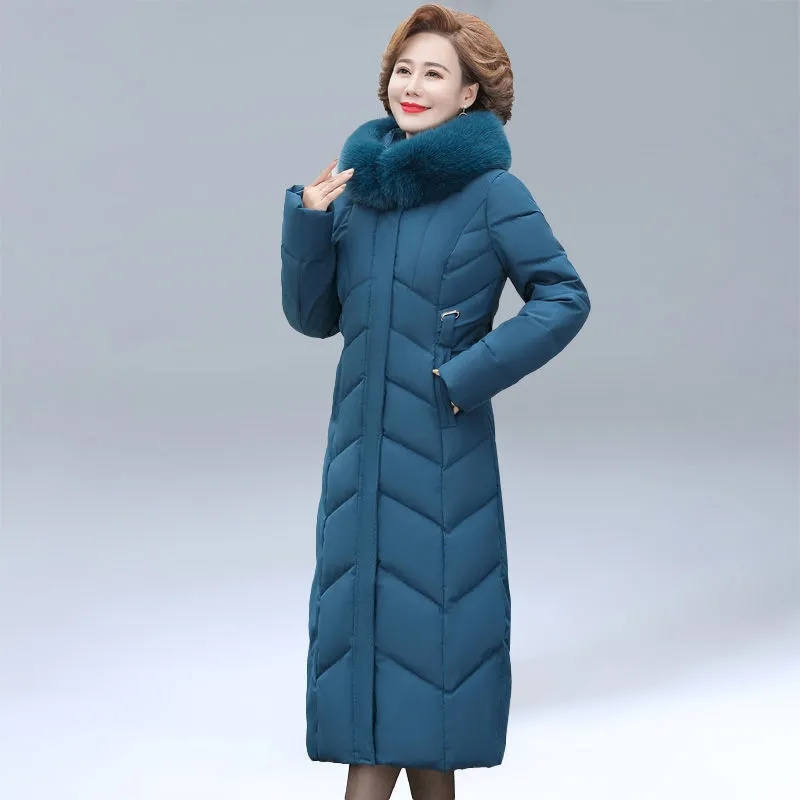 Women Winter Hooded Fur Collar Warm Jacket Clothing Middle-Aged Mother Mid-Long Thicken Warm Female Parkas