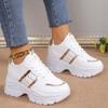 Women's Spring-Autumn Leather Thick-Soled White Sports Shoes, Color-Blocked With Bright Trim, Height-Increasing Footwear, Available In Large Sizes.