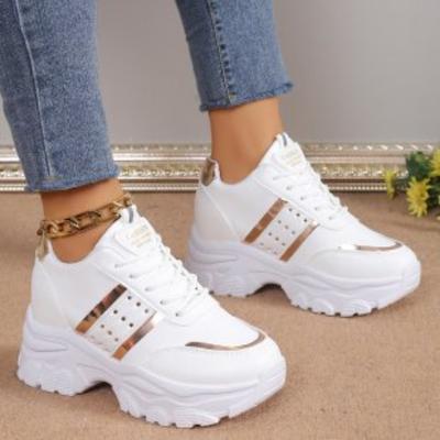 Dames Leren Dikke Zool Witte Sportschoenen Lente-Herfst, Kleurblokken Met Felle Afwerking, Hoogteverhogende Schoenen, Verkrijgbaar In Grote Maten.