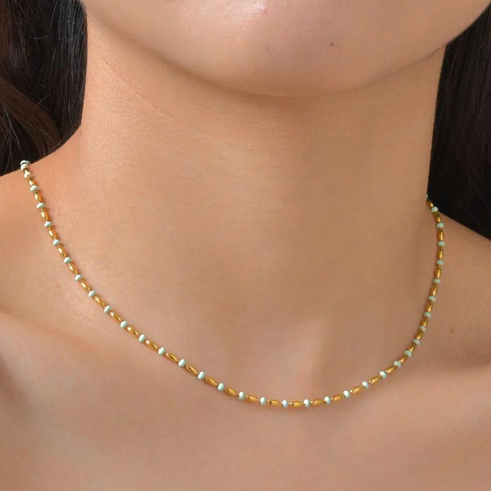 Dainty Green Rice Bead Necklace for Women,18K Gold Plated Stainless Steel Necklaces,Trendy Jewelry Gifts