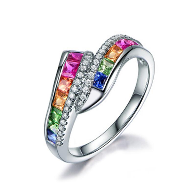 Unique Rainbow Color Finger-ring for Women Engagement Party Fashion Ring New Jewelry Brilliant Cubic Zirconia Accessories